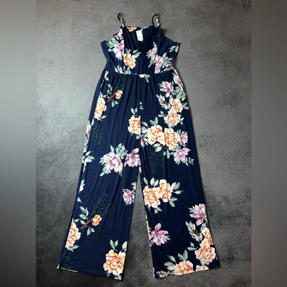 NWT Maurices Size L Navy Blue Floral Tie Wrap Fall Brunch Jumpsuit - Picture 10 of 10